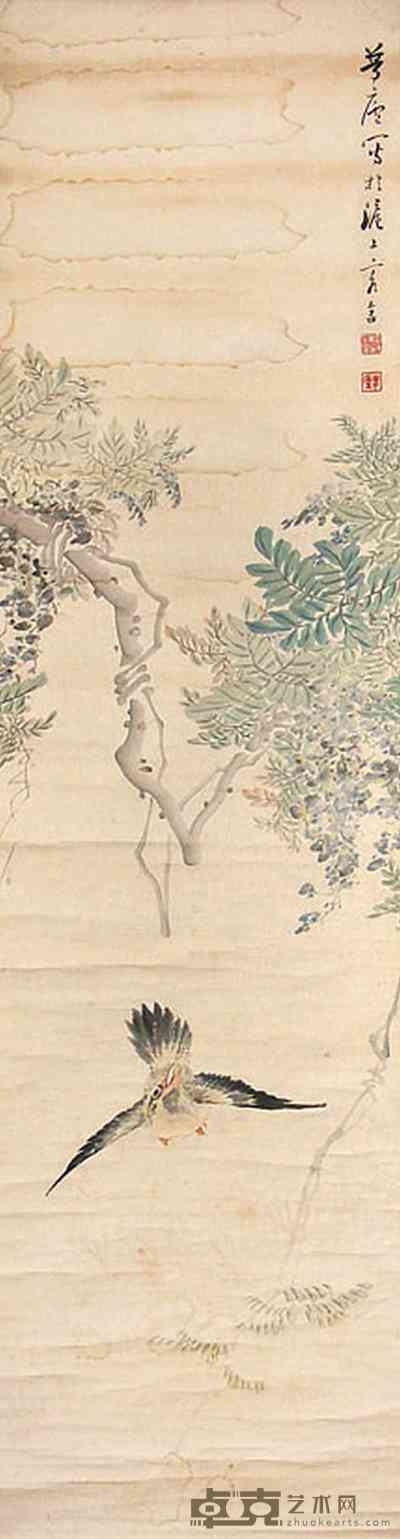朱梦庐 紫藤飞鸟 立轴 174×48cm